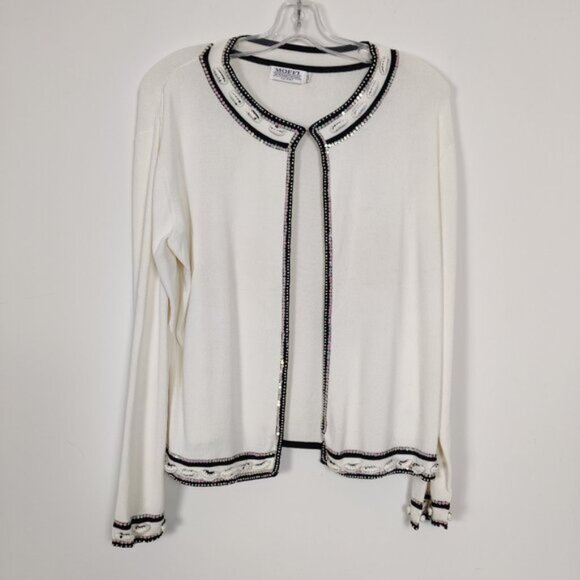 Moffi International Womens Cardigan Size L White Black Beaded Casual - Picture 1 of 5